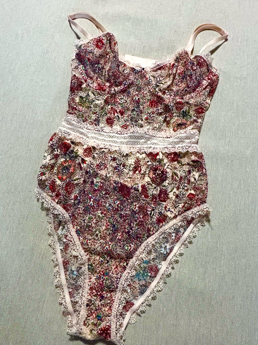XS Victoria's Secret Floral Lace-Trim Bodysuit - Red, Cream, Pink